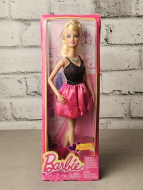 Barbie Doll 2013 Pink & Black Glitter Dress Blonde NIB Mattel